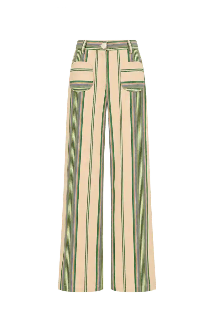 Green striped wide-leg pants with button waist and belt loops