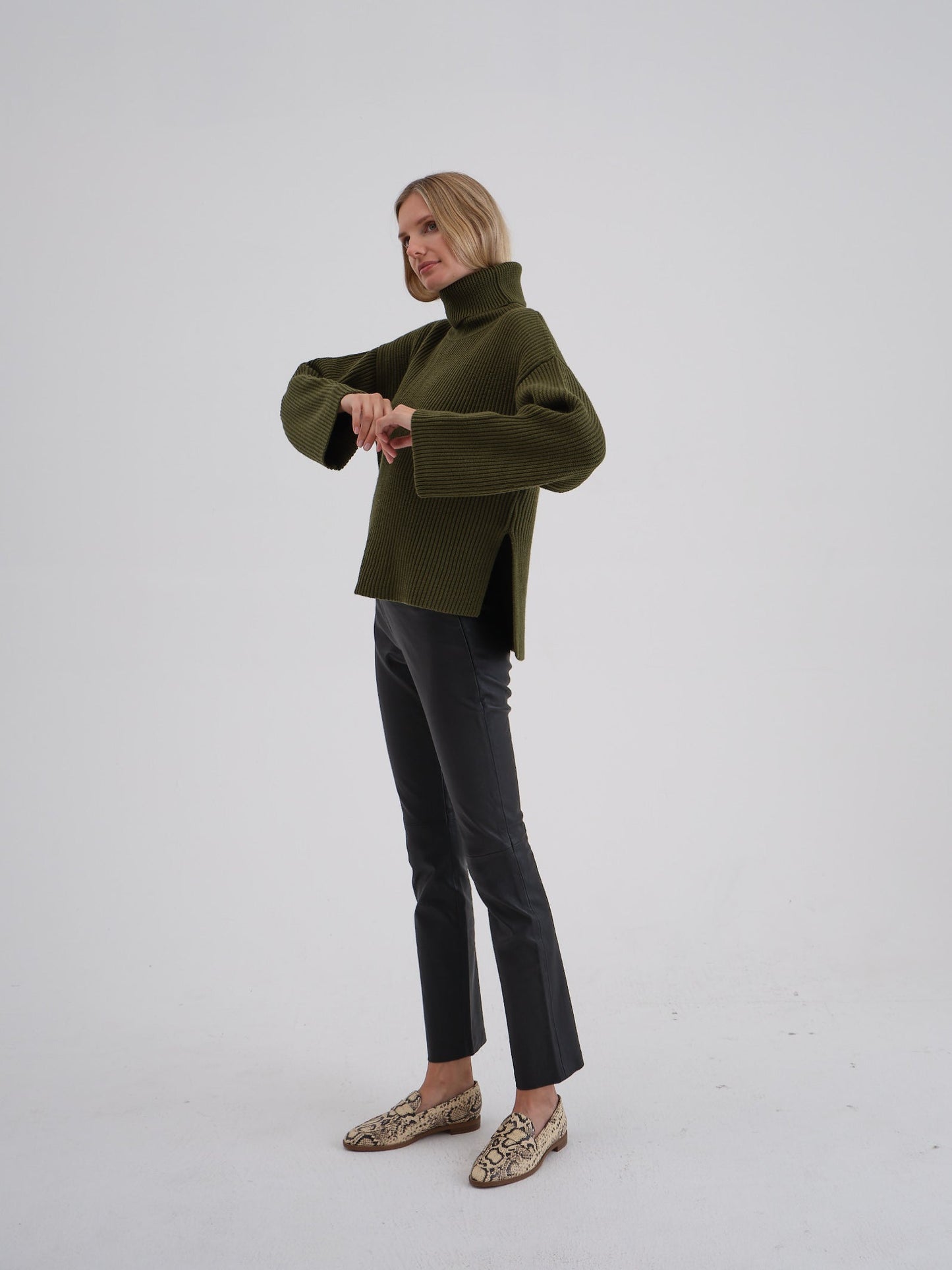 Wool Ribbed Turtleneck Sweater, Olive