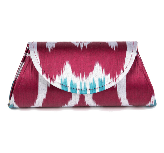 Bryant Silk Ikat Hard Shell Clutch - Small - Wine, Silver, Teal