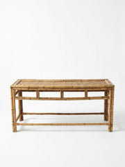 Bamboo and wicker console table with woven top and lower shelf