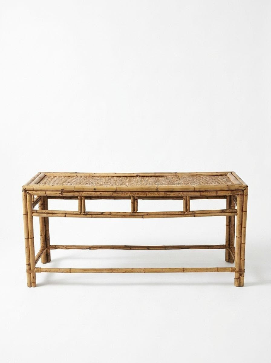Bamboo and wicker console table with woven top and lower shelf