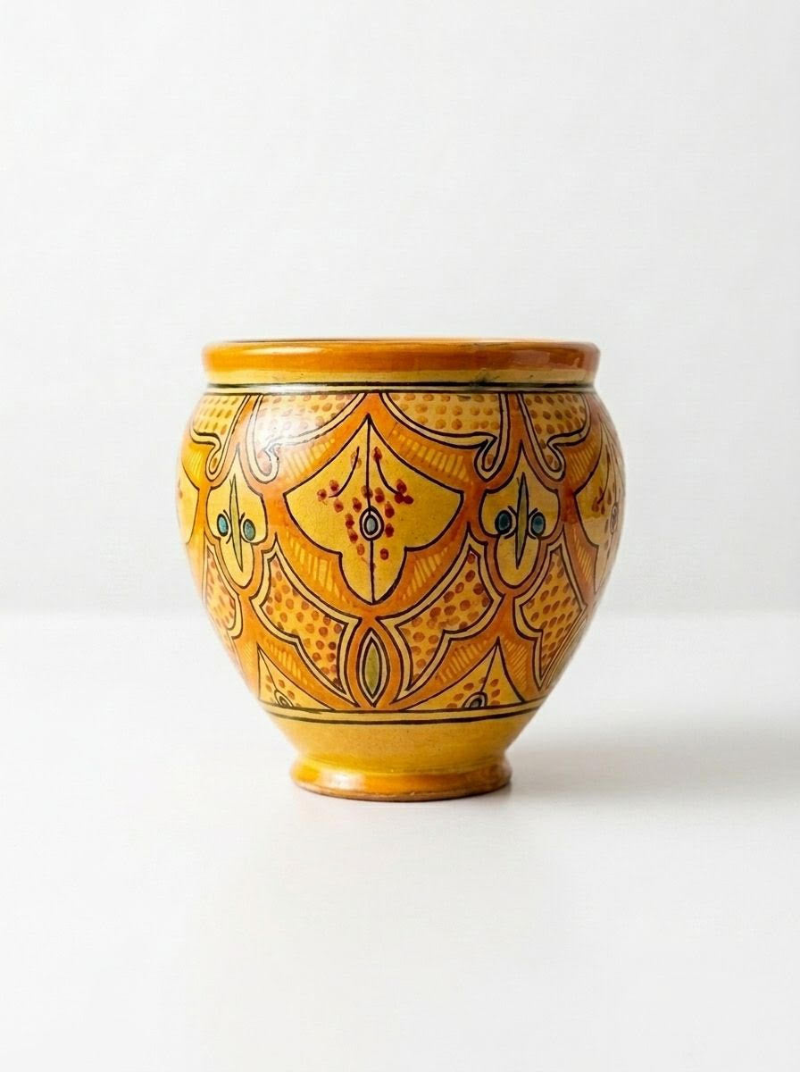 Orange ceramic vase with ornate gold and dark pattern, rounded shape