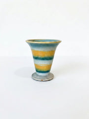 Striped ceramic vase, flared rim, blue and yellow bands