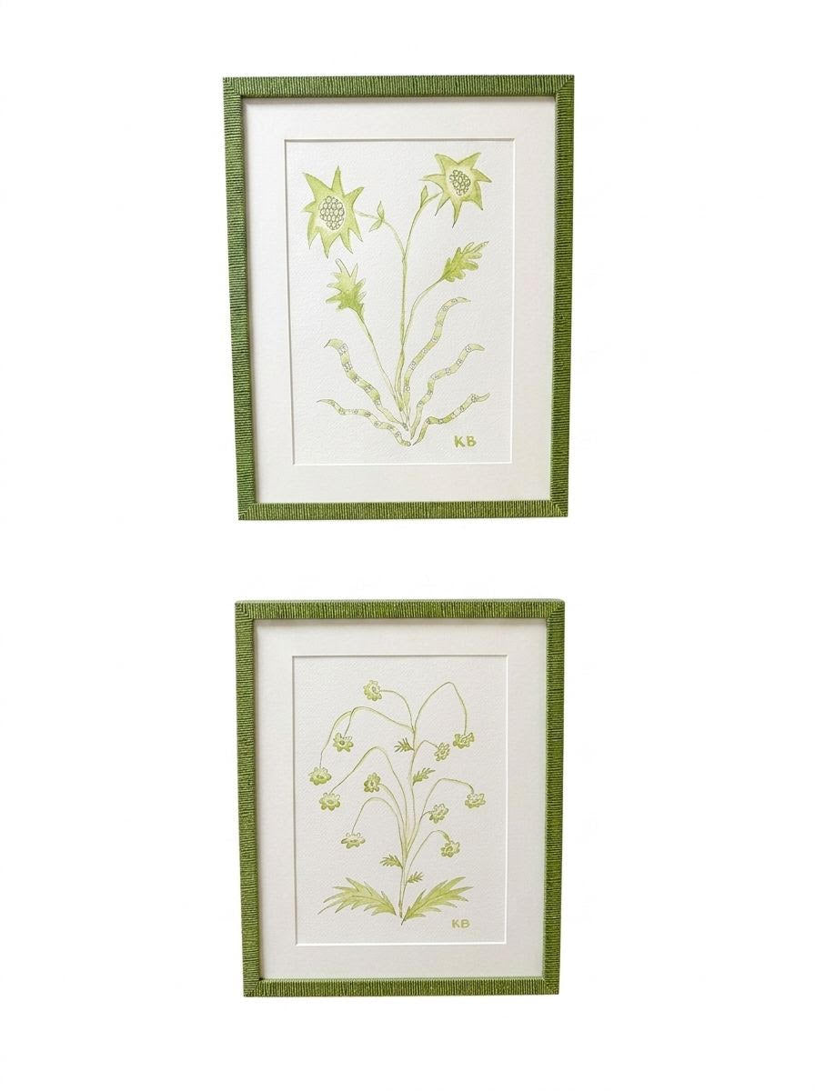 Framed botanical art print with lime and green line drawings on light background