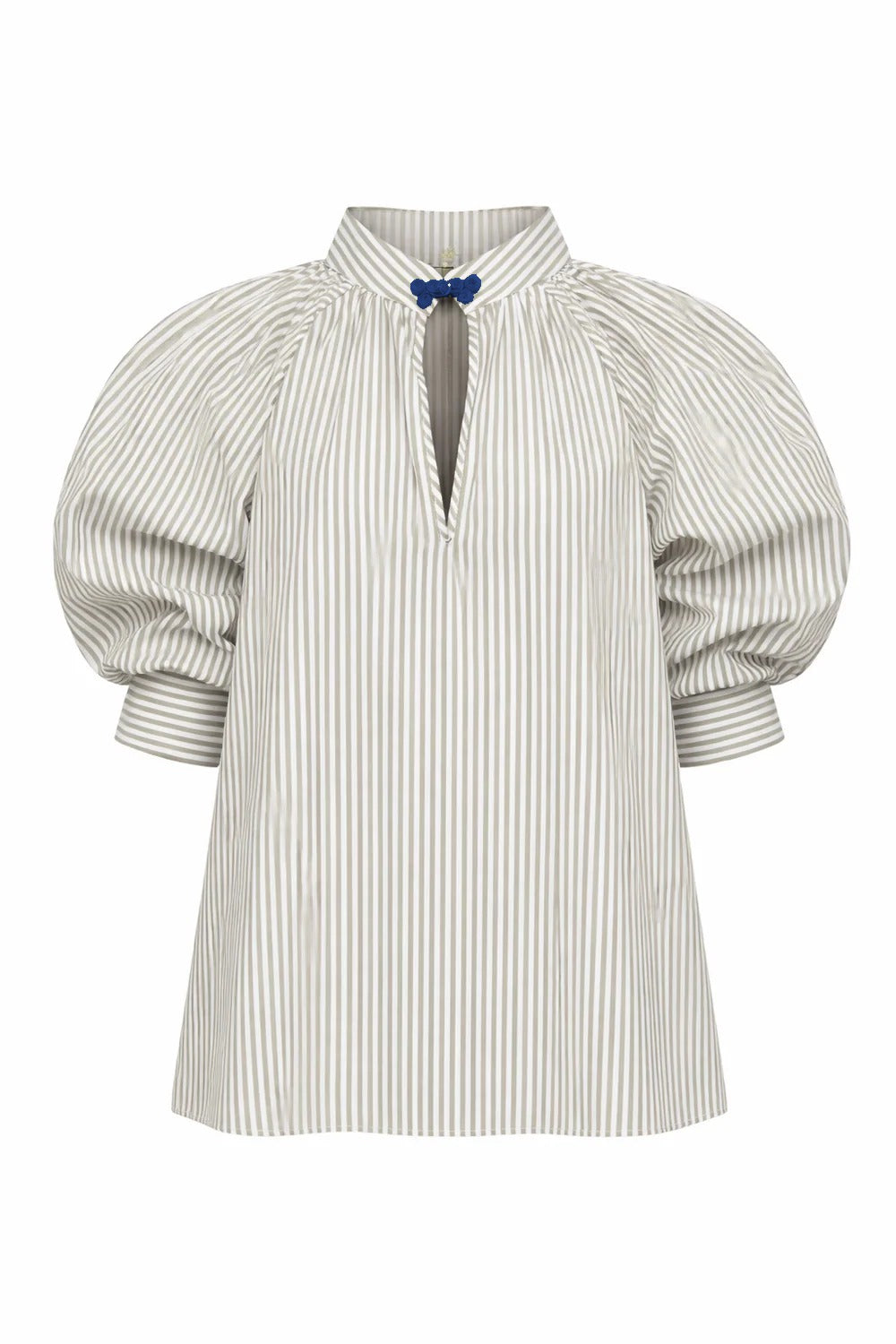 Tan striped shirt with stand collar, keyhole neckline and blue neck tie