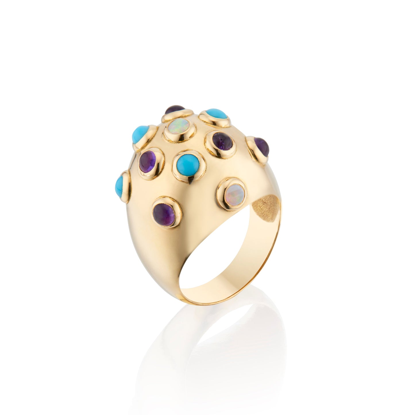Deco Dome Ring with Opals, Amethysts and Turquoise Gemstones