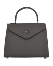 Dark structured Belgian bag with top handles and bow-front flap clasp