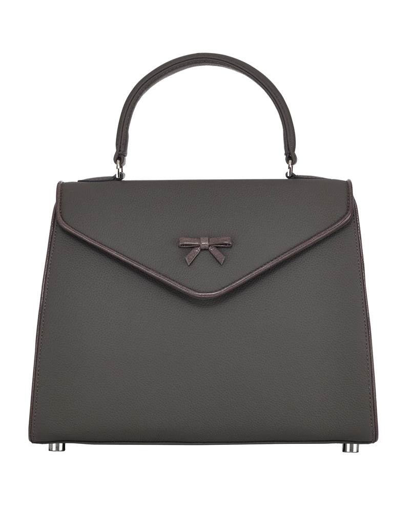 Dark structured Belgian bag with top handles and bow-front flap clasp