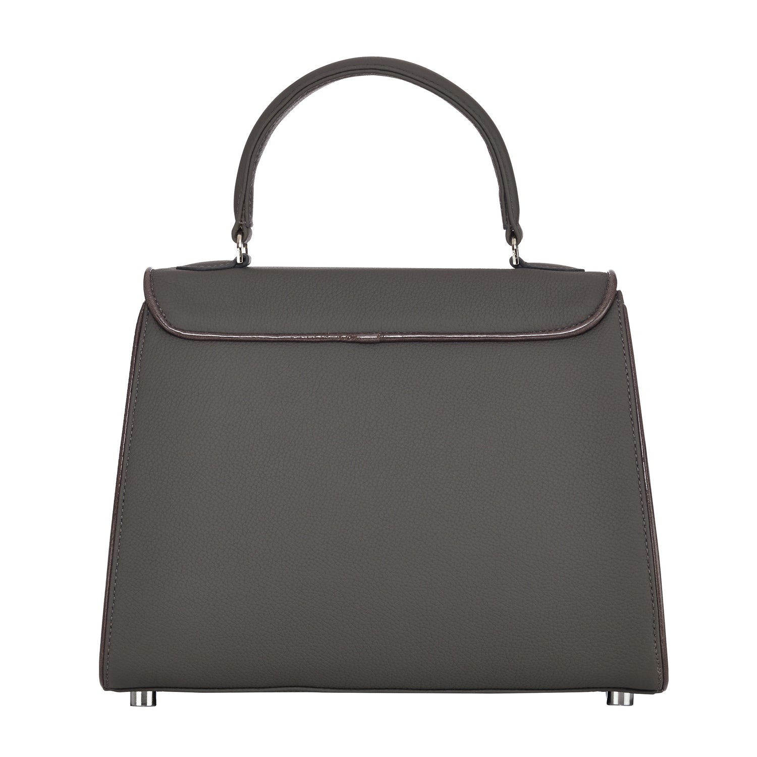 Dark structured Belgian bag with top handles and curved top flap