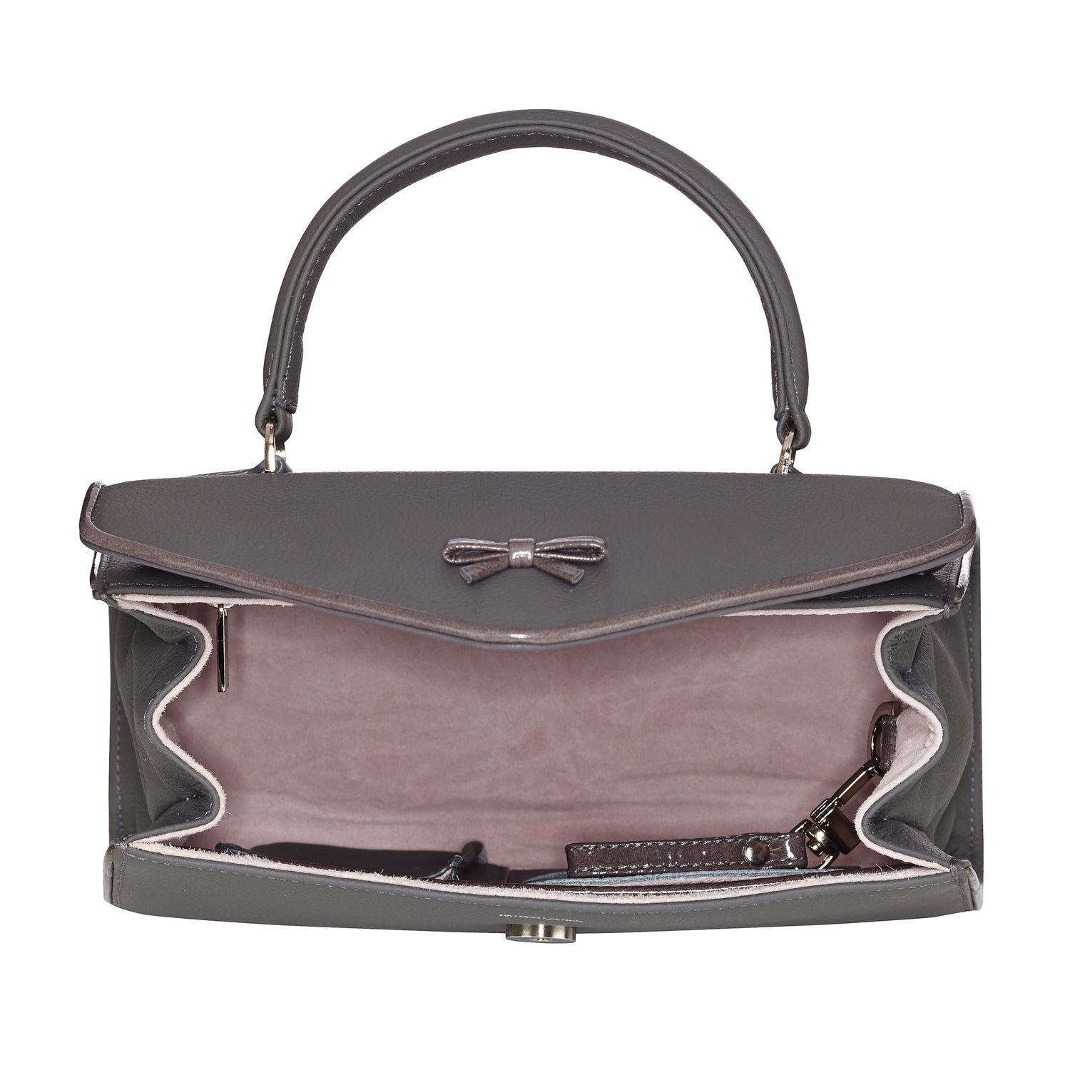 Dark Belgian bag interior view with bow-top flap and fabric lining pockets