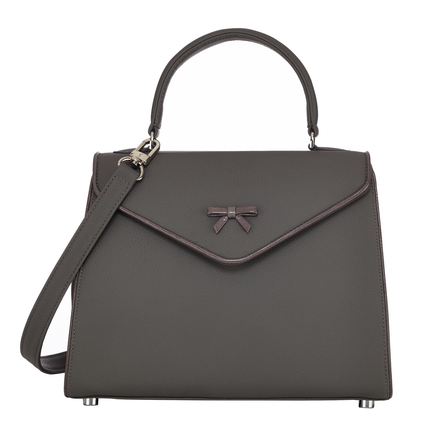 Dark Belgian bag with top handle, bow-front clasp, and shoulder strap