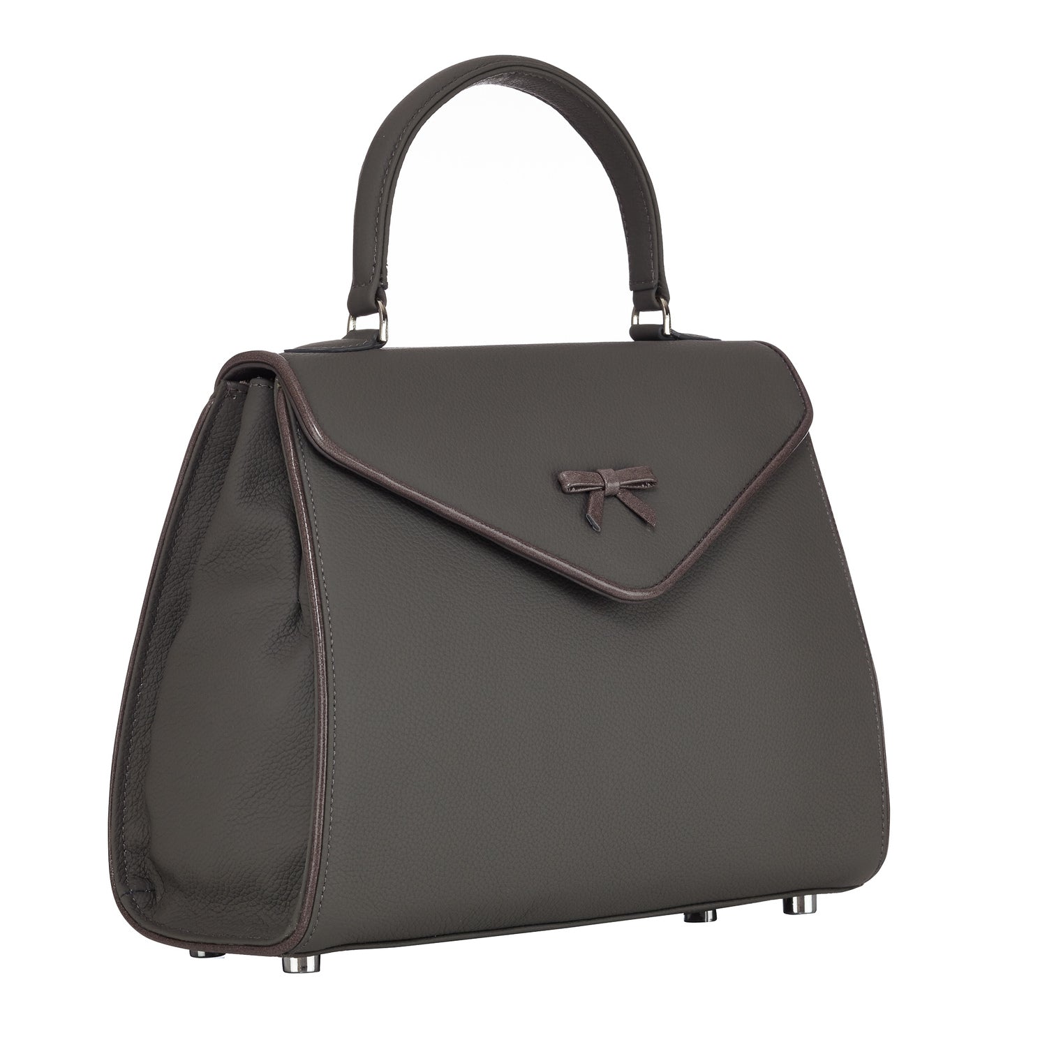 Dark Belgian bag with top handle and bow-front flap clasp