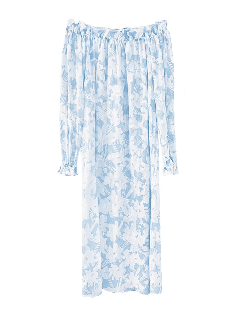 Grace Dress in Pastel Blue & White Cotton Floral Jacquard
