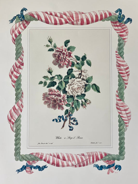 Striped Roses antique print with hand-painted roping and striped fabric border.