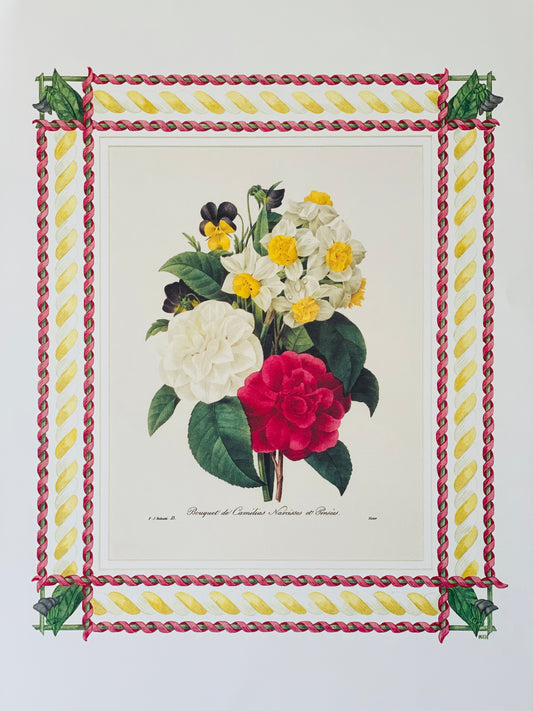 Camelia antique print with hand-painted ribbon border