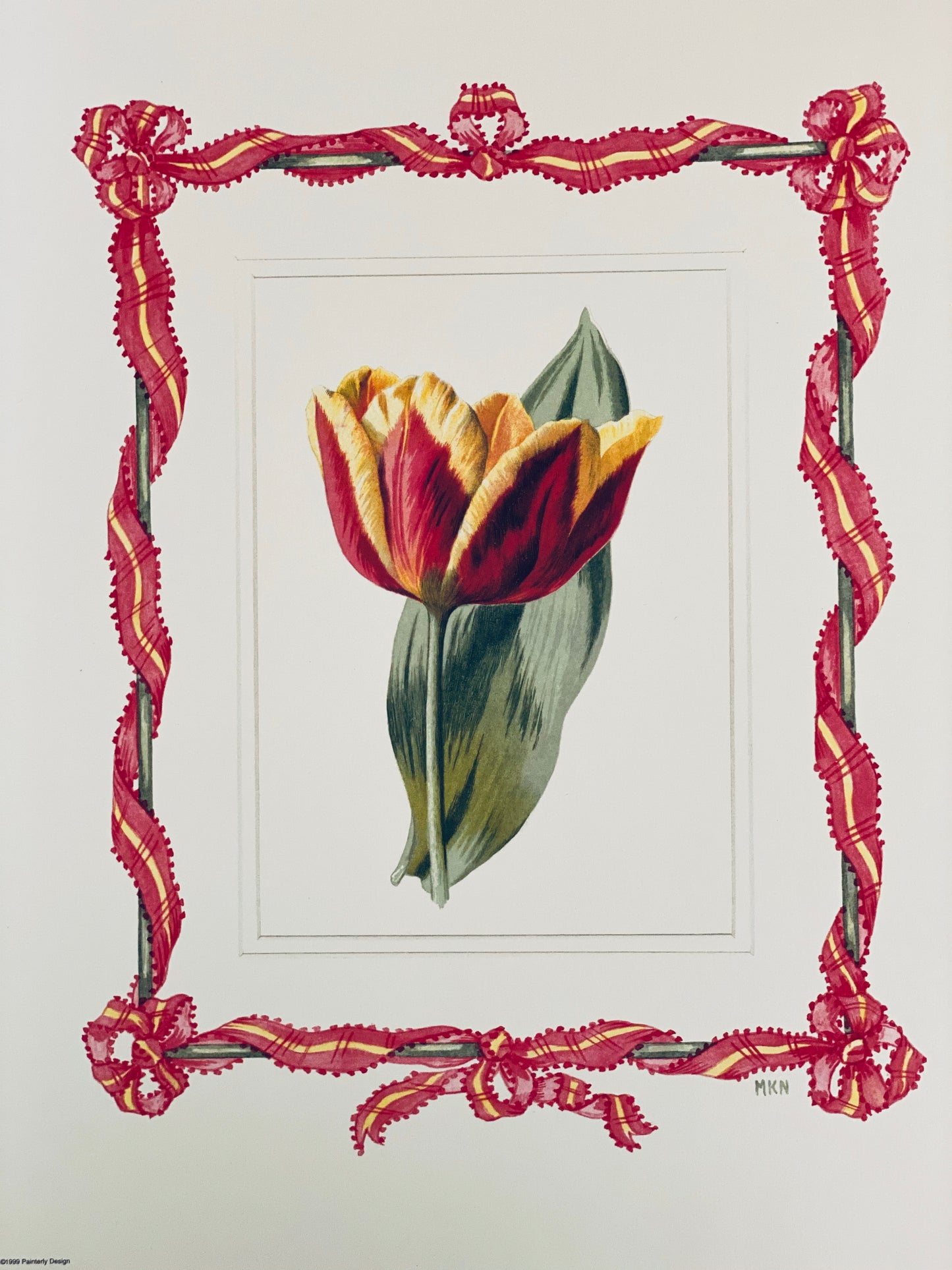 Red tulip antique print with hand-painted ribbon border