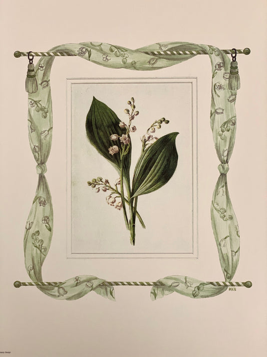 Lily of the Valley antique print with hand-painted fabric border