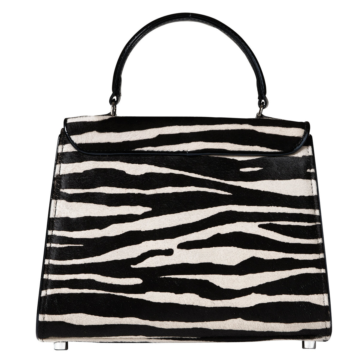 Zebra-print Belgian bag back view with top handle and flap