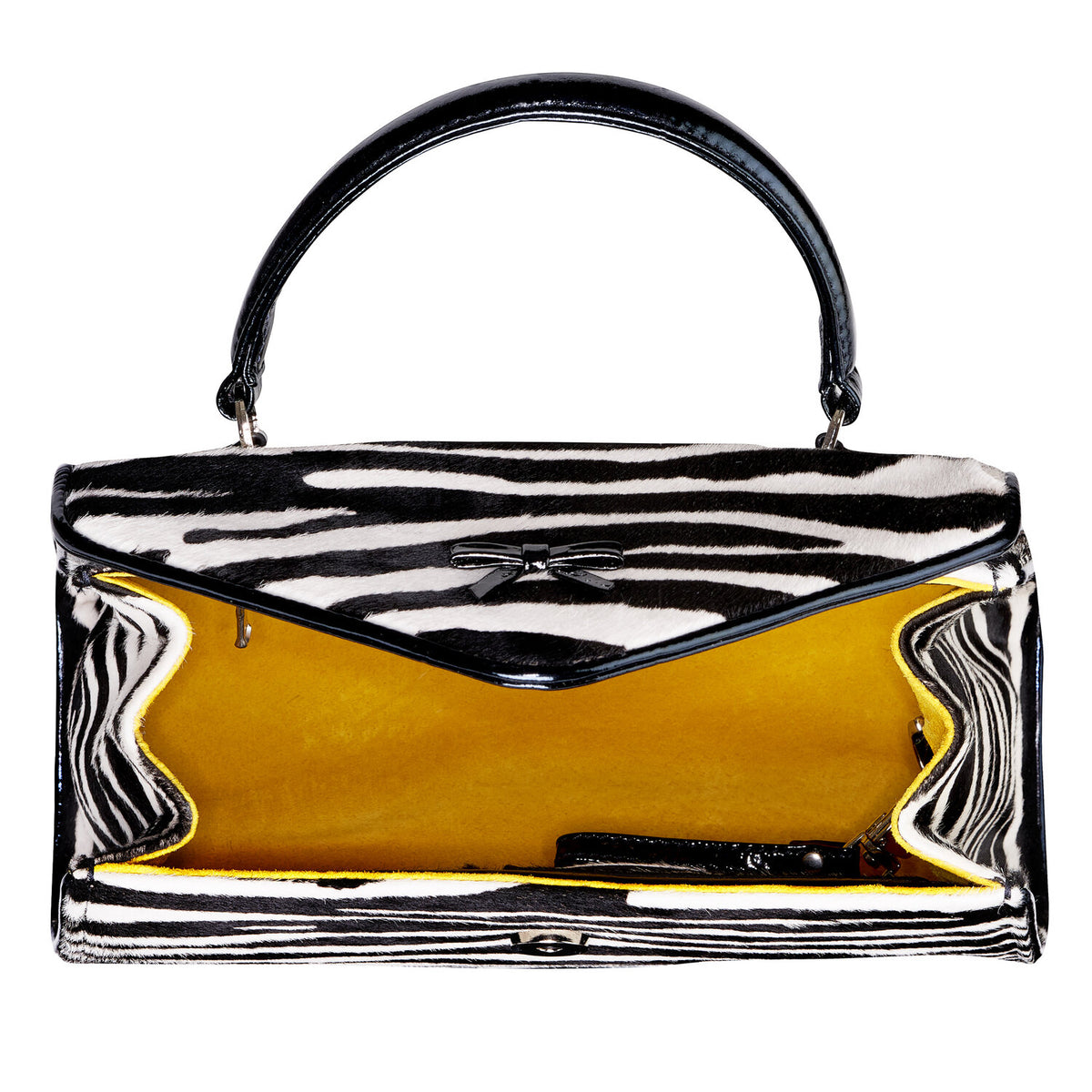 Belgian bag interior view with mustard lining and striped outer flap