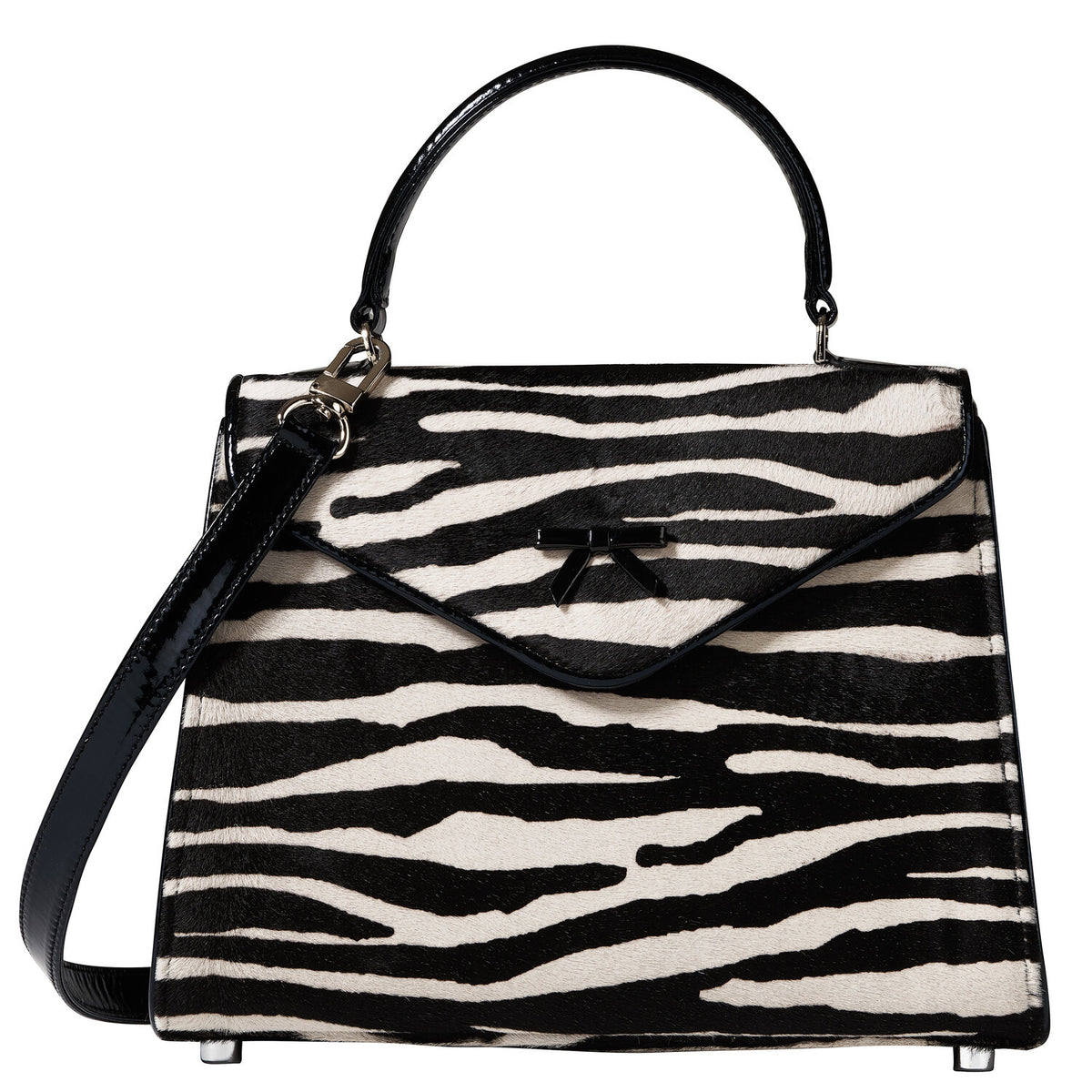 Zebra-print Belgian bag with shoulder strap and clasped front flap