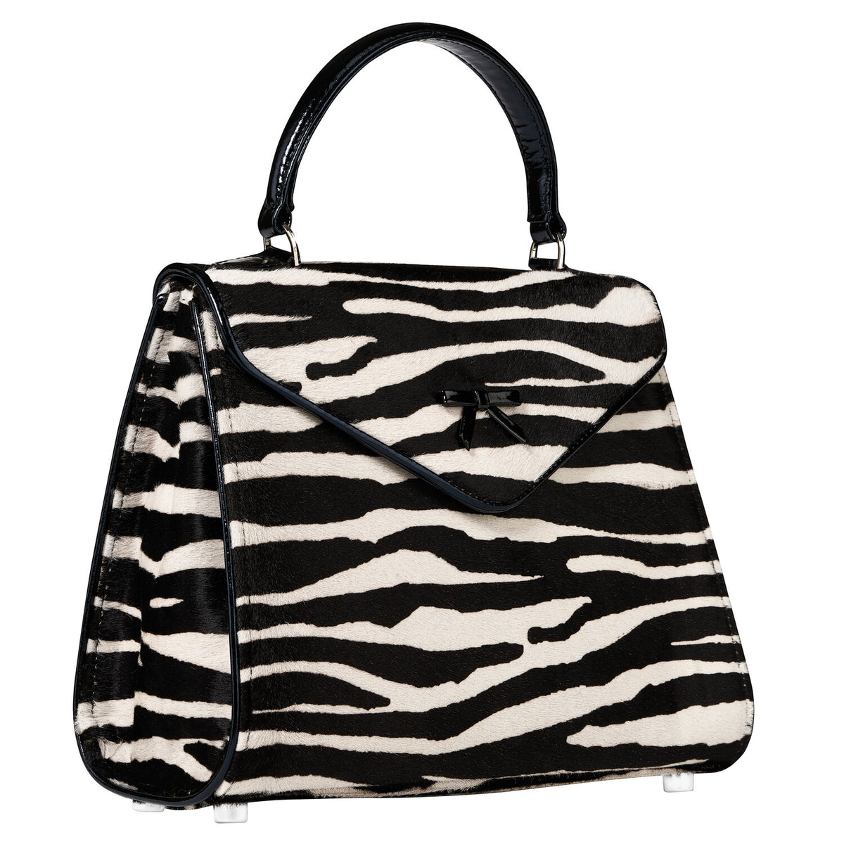 Zebra-print Belgian bag with side strap, top handle, and foldover flap
