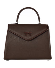 Brown leather handbag with top handles, triangular front clasp, and structured shape