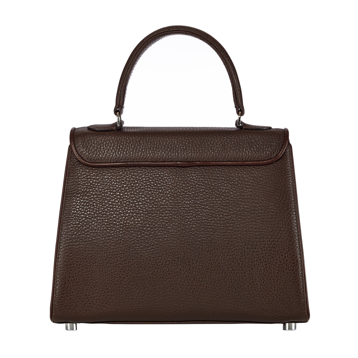 Brown leather handbag with top handle, rounded flap, and textured grain finish