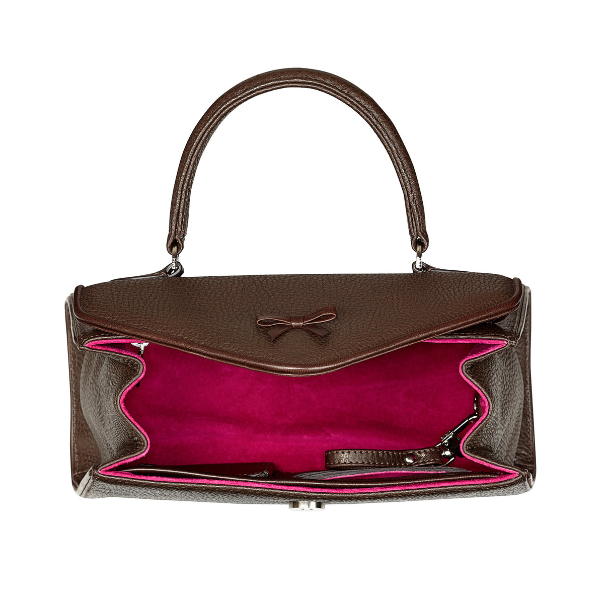 Brown leather handbag with open top and magenta interior lining showing inner compartments