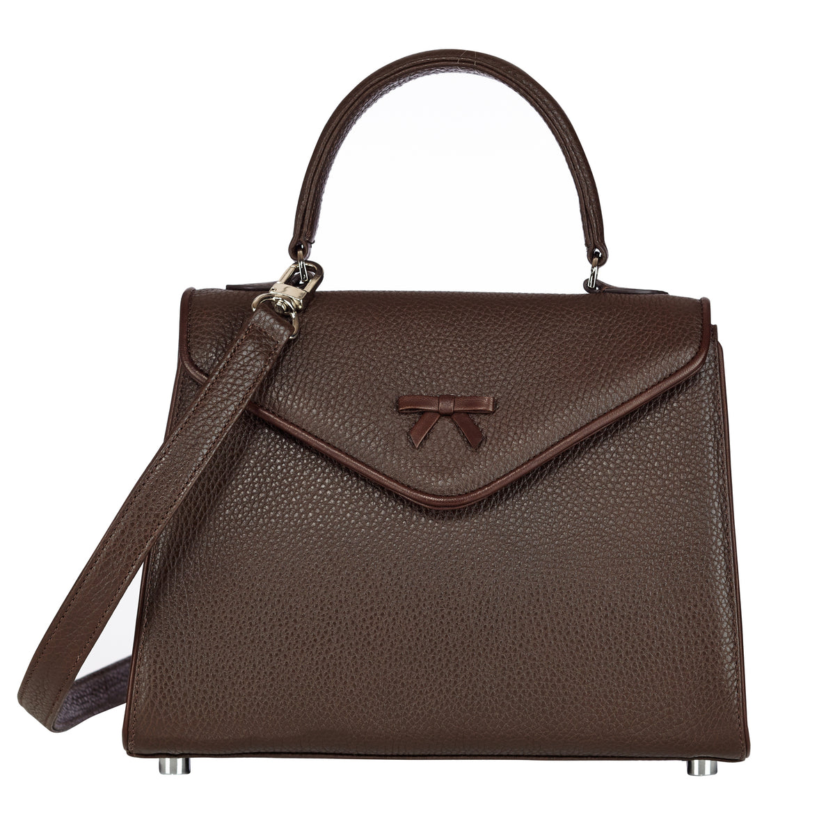 Brown leather handbag with top handles, front clasp, and crossbody strap with hardware