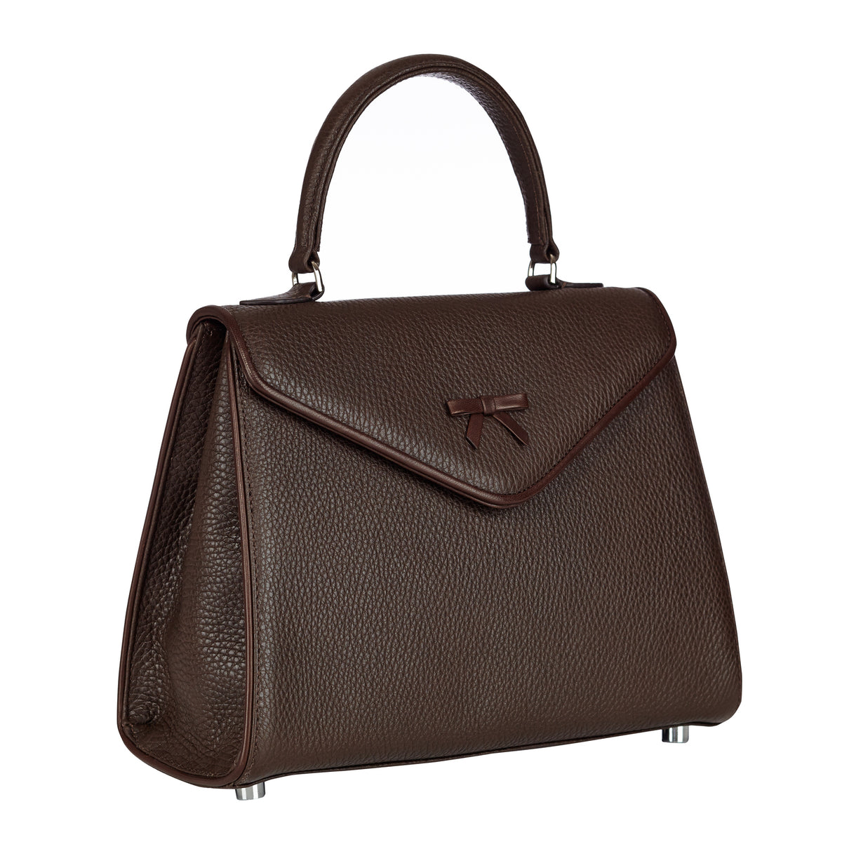 Brown leather handbag with top handles, flap clasp detail, and side panel seam
