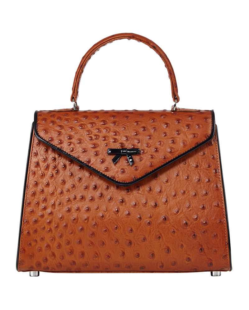 Saddle ostrich-embossed top-handle bag with flap and dark hardware