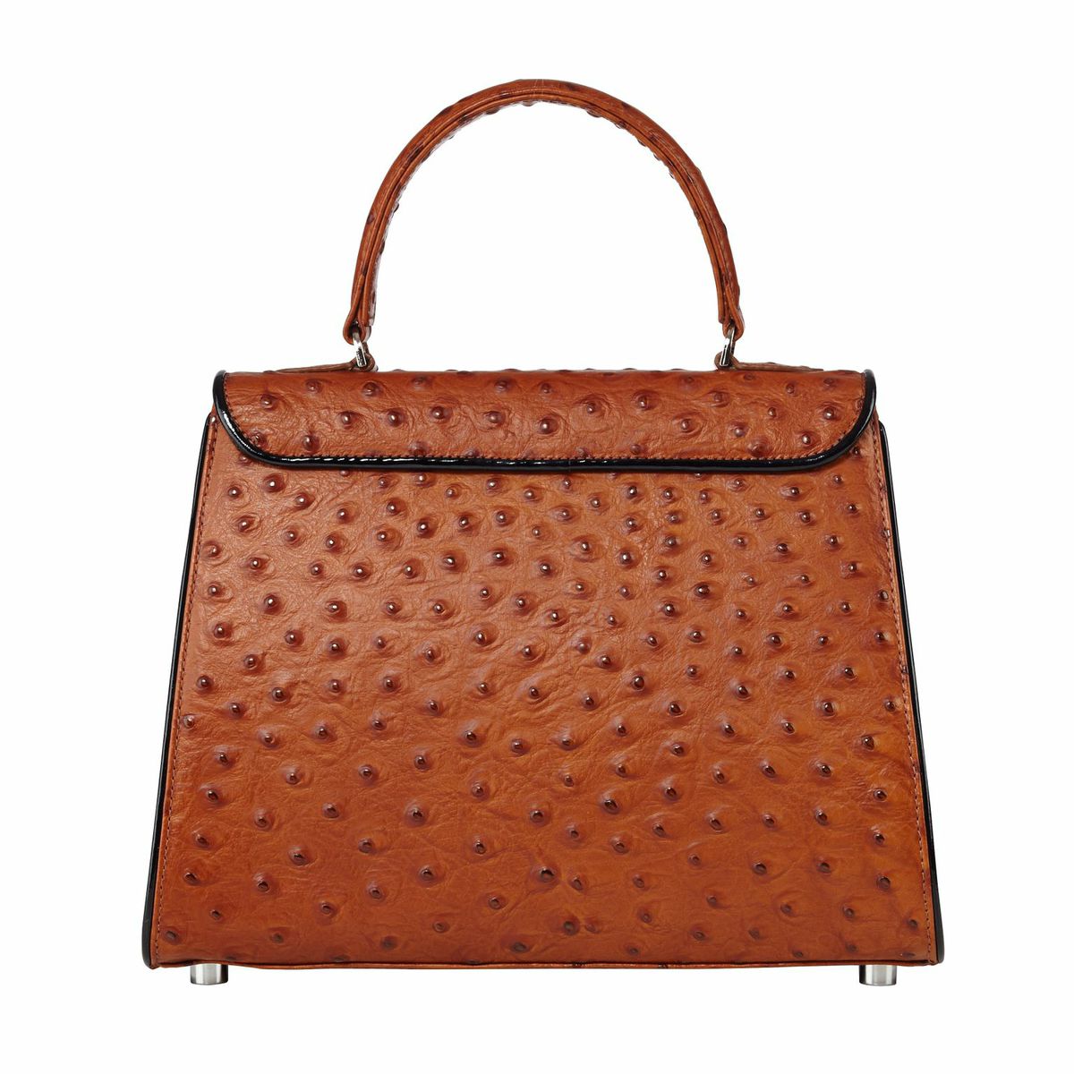 Saddle ostrich Belgian bag with top handle and black-edged flap, textured pattern, feet