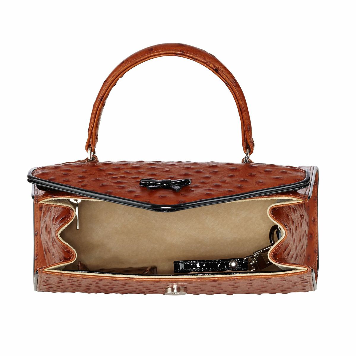 Saddle ostrich Belgian bag with open flap, top handle, black lining, metal feet