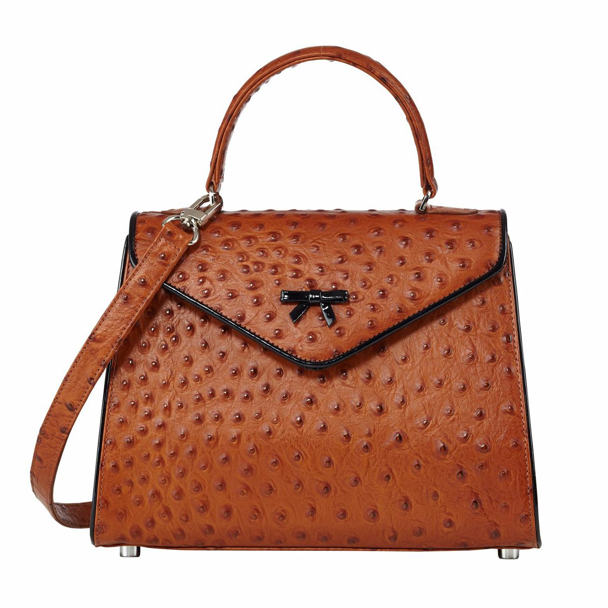 Saddle ostrich Belgian bag with structured top handle, black-trimmed flap, metal feet
