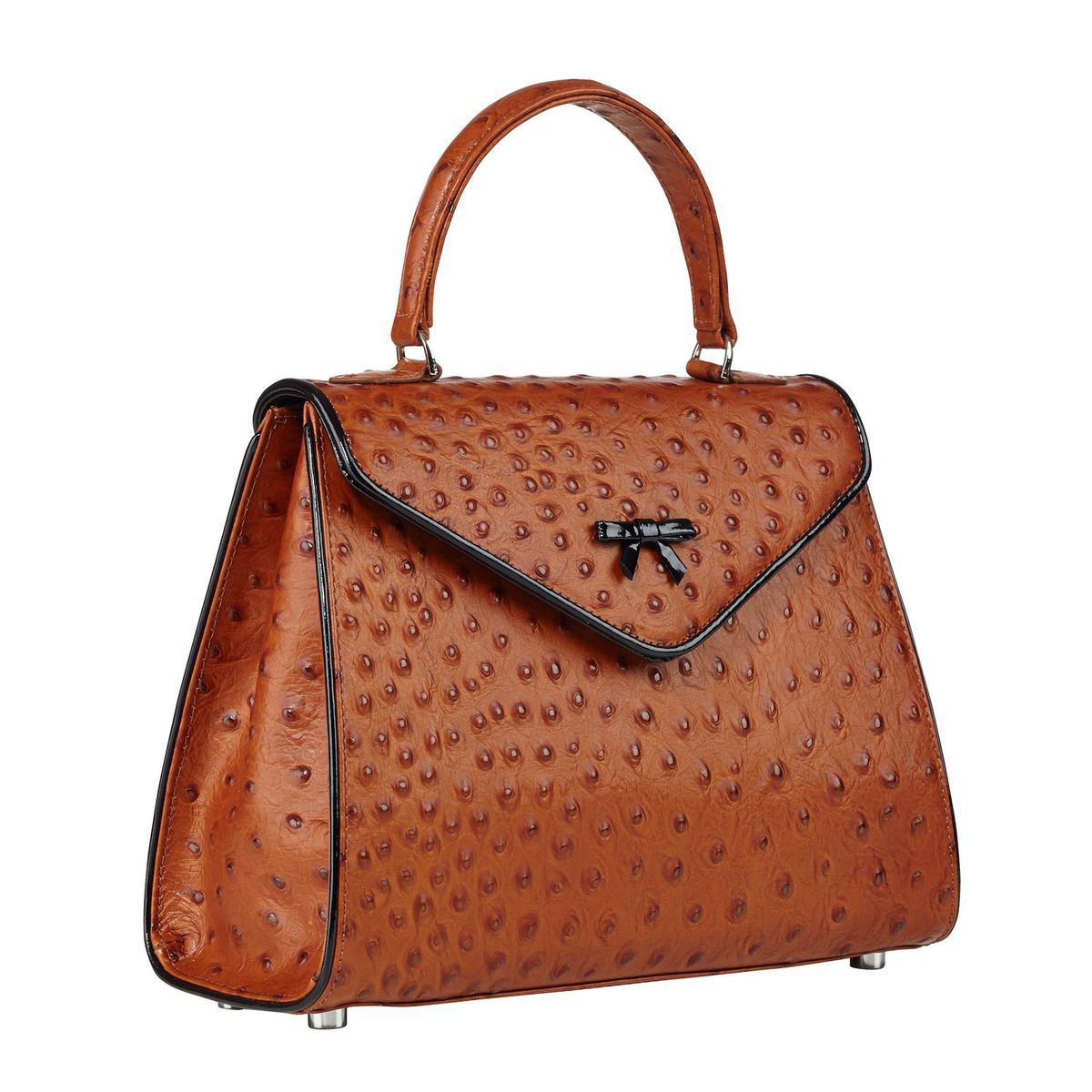 Saddle ostrich-embossed handbag with flap, top handles, and attached shoulder strap