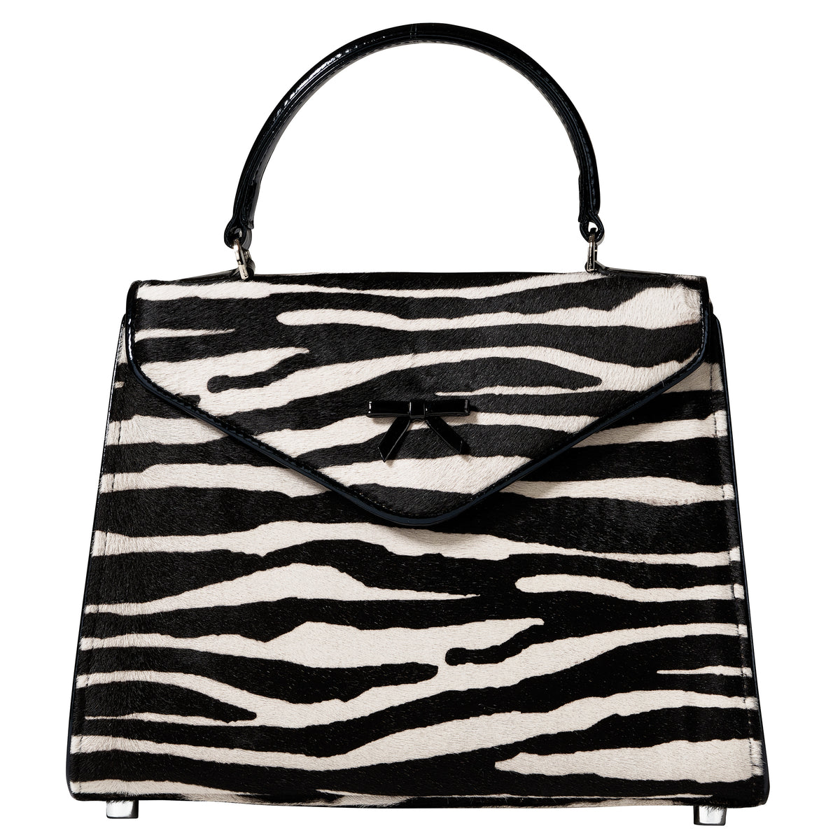 Lauren Belgian bag with zebra-print flap, top handles, and black trim
